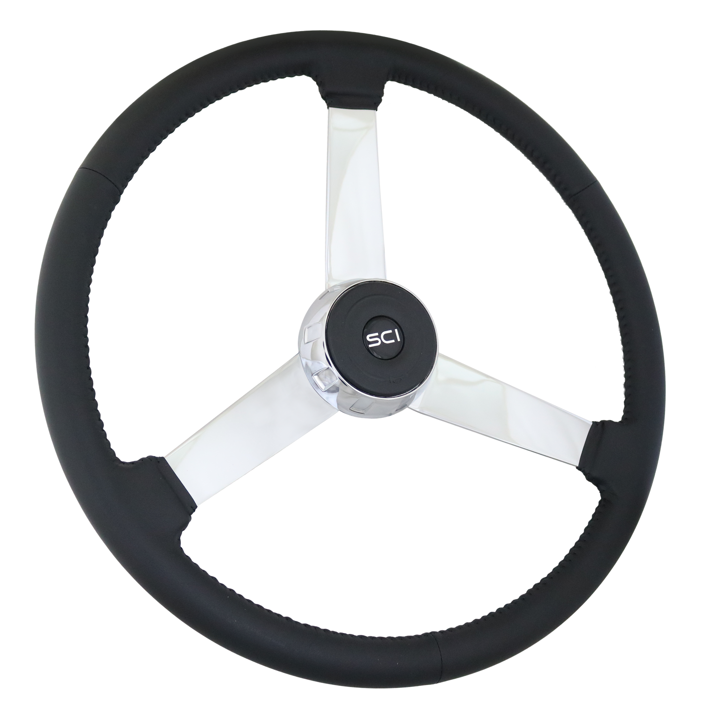 Steering Wheel The General - 20" Black Leather Rim, Chrome 3-Spoke, Chrome Bezel, Black Horn Button - Black SCI Logo