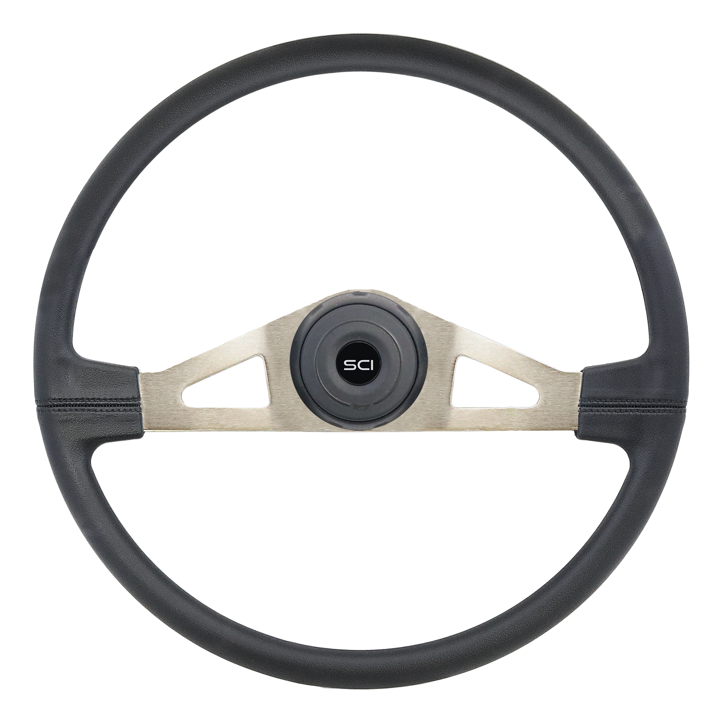 Steering Wheel Thunderbolt - 20" Polyurethane Rim, Nickel Plated 2-Spoke w/ Triangle Cut Outs, Black Textured Bezel, Baclk HB - Black SCI Logo