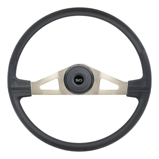 Steering Wheel Thunderbolt - 20" Polyurethane Rim, Nickel Plated 2-Spoke w/ Triangle Cut Outs, Black Textured Bezel, Baclk HB - Black SCI Logo