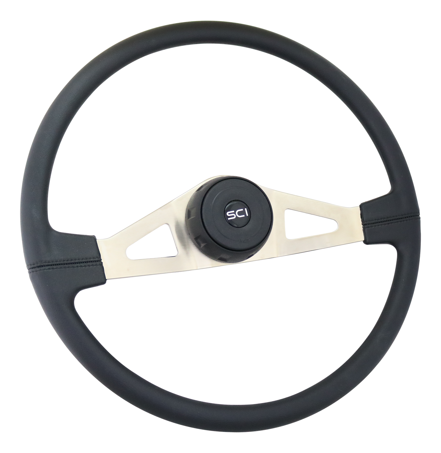 Steering Wheel Thunderbolt - 20" Polyurethane Rim, Nickel Plated 2-Spoke w/ Triangle Cut Outs, Black Textured Bezel, Baclk HB - Black SCI Logo