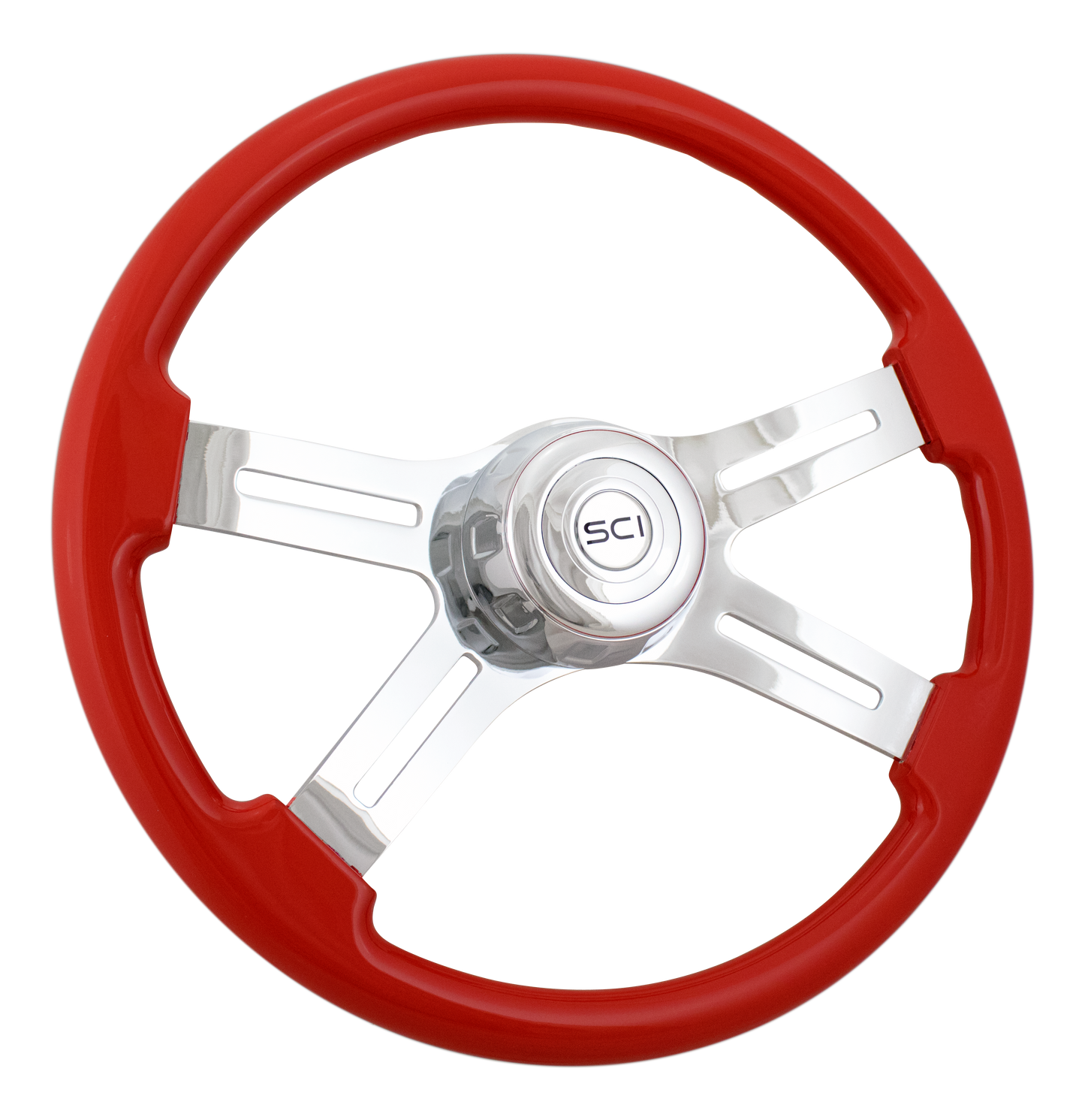 Steering Wheel Viper Red 18", Chrome 4-Spoke, Chrome 4-Spoke w/ Slot Cut Outs.