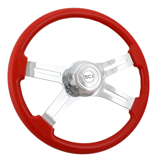 Steering Wheel Viper Red 18", Chrome 4-Spoke, Chrome 4-Spoke w/ Slot Cut Outs.