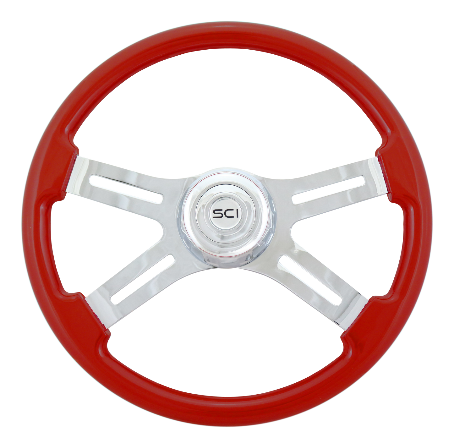 Steering Wheel Viper Red 18", Chrome 4-Spoke, Chrome 4-Spoke w/ Slot Cut Outs.