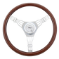 Steering Wheel Voltage 3 - 18" Wood Rim, Chrome 3-Spoke w/ Wire Cut Outs, Chrome Bezel, Chrome Horn Button - SCI Logo