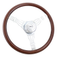 Steering Wheel Voltage 3 - 18" Wood Rim, Chrome 3-Spoke w/ Wire Cut Outs, Chrome Bezel, Chrome Horn Button - SCI Logo