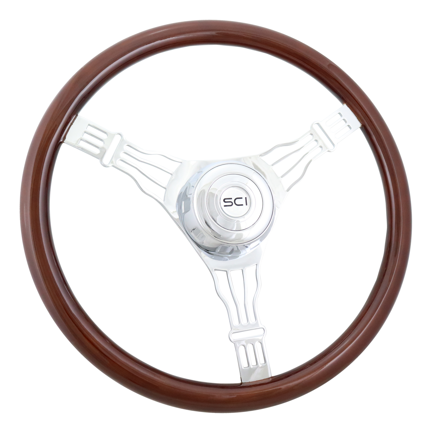 Steering Wheel Voltage 3 - 18" Wood Rim, Chrome 3-Spoke w/ Wire Cut Outs, Chrome Bezel, Chrome Horn Button - SCI Logo