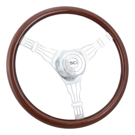 Steering Wheel Voltage 3 - 18" Wood Rim, Chrome 3-Spoke w/ Wire Cut Outs, Chrome Bezel, Chrome Horn Button - SCI Logo