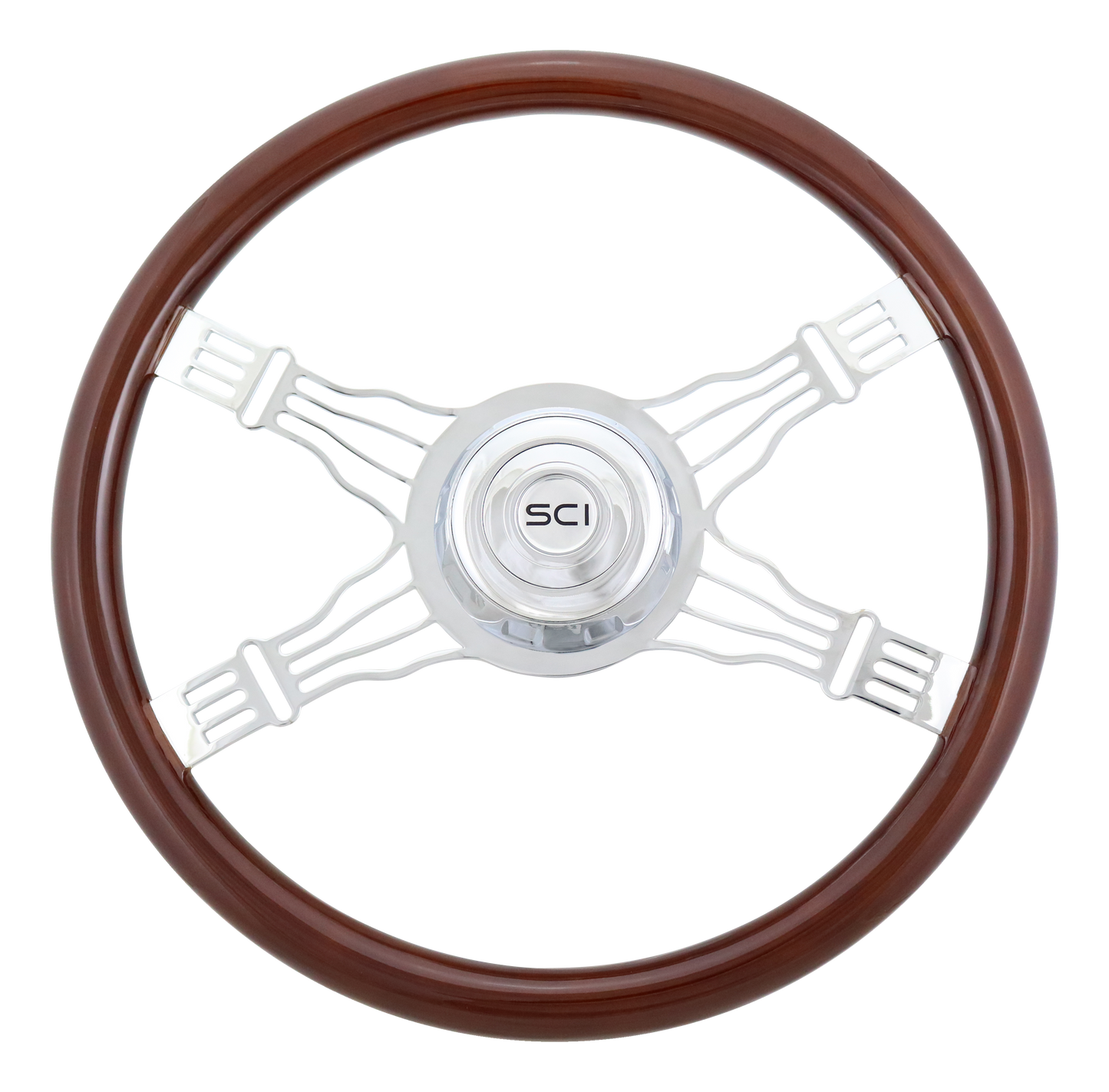 Steering Wheel Voltage 4 - 18" Wood Rim, Chrome 4-Spoke w/Wire Cut Outs, Chrome Bezel, Chrome Horn Button - SCI Logo