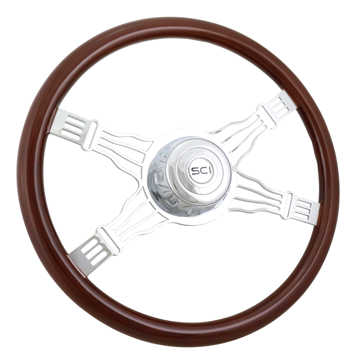 Steering Wheel Voltage 4 - 18" Wood Rim, Chrome 4-Spoke w/Wire Cut Outs, Chrome Bezel, Chrome Horn Button - SCI Logo