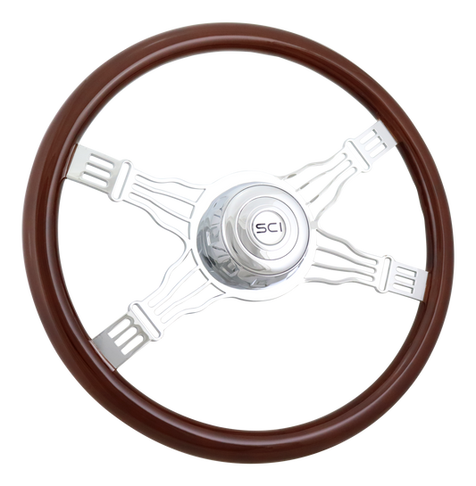 Steering Wheel Voltage 4 - 18" Wood Rim, Chrome 4-Spoke w/Wire Cut Outs, Chrome Bezel, Chrome Horn Button - SCI Logo