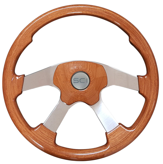 Steering Wheel Wildwood Light Mahogany - 18'' Stained Wood Rim, Polished Aluminum 4-Spoke, Elegant 4 Light Mahogany Pad