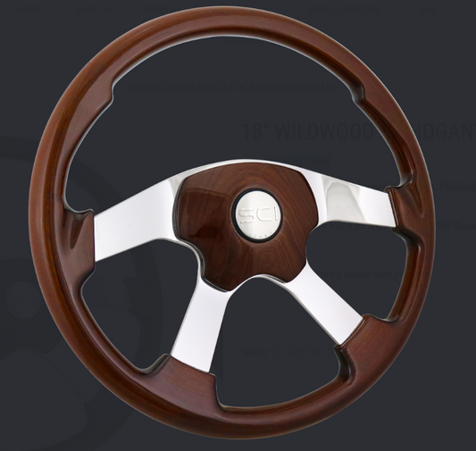 Steering Wheel Wildwood Mahogany - 18" Stained Wood Rim, Polished Aluminum 4-Spoke, Elegant 4 Mahogany Pad