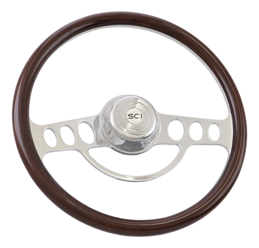 The Caddy - 18" Half Wrap Billet Chrome Aluminum 2-Spoke Wheel with 18" Wood Rim, Chrome Bezel, Chrome Horn Button - SCI Logo