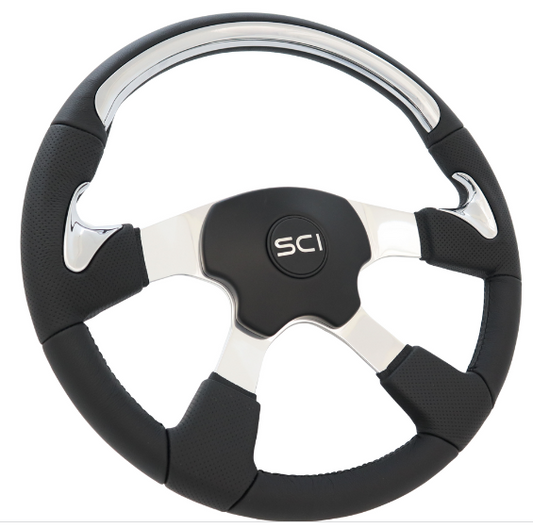Traveler Chrome - 18" Leather Rim with Chrome Inserts, Polished Aluminum 4-Spoke Steering Wheel