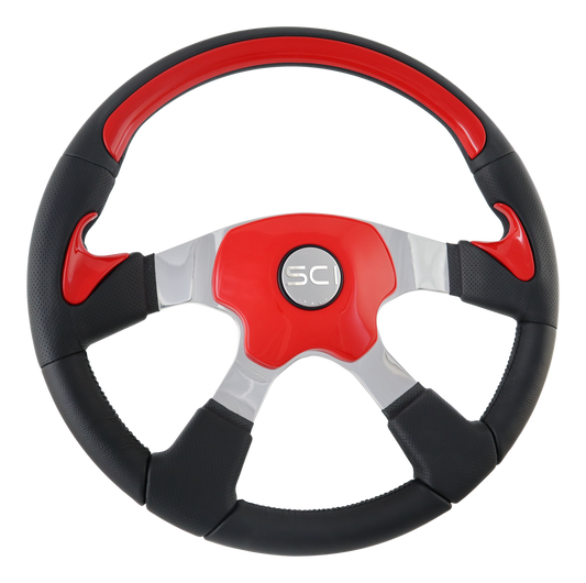 *Traveler Custom - 18" Leather Rim w/Custom Paint/Printed Inserts, Pol. Alum. 4-Spoke, Elite 4 - Custom Pad, SCI Horn Button - Silver