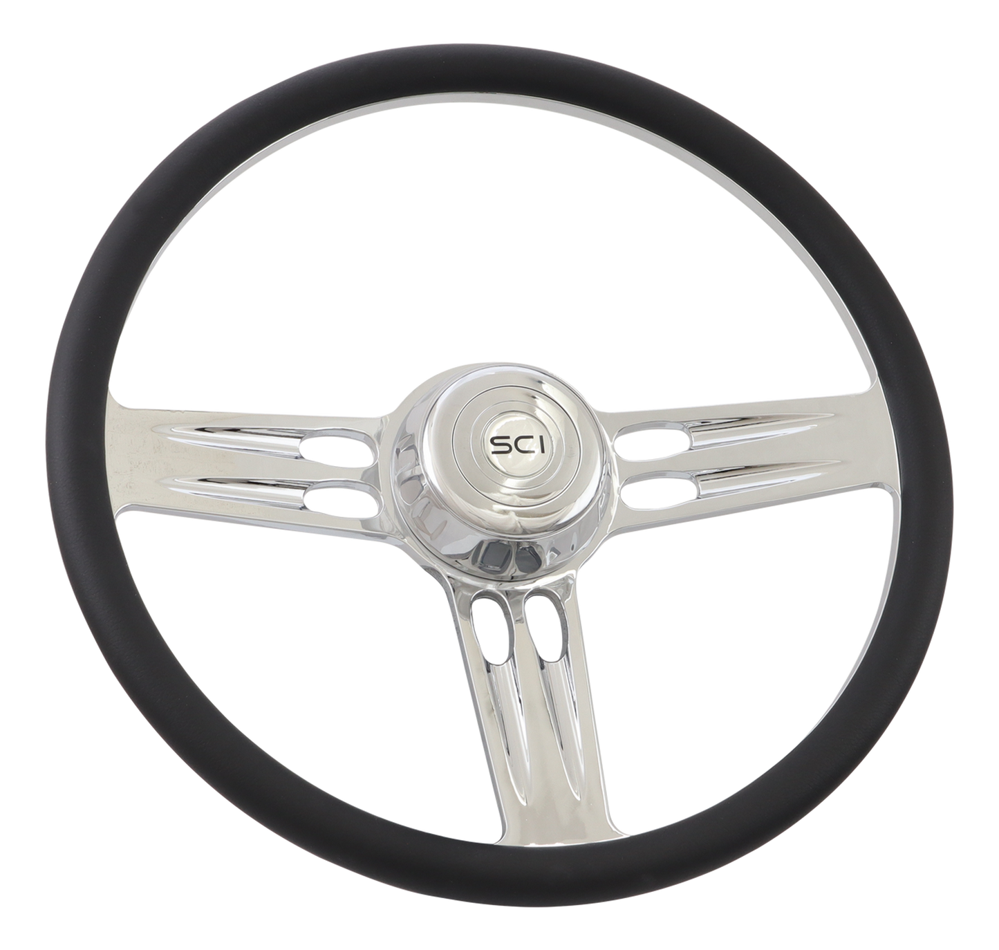 Triple Threat - 18" Half Wrap Billet Chrome Aluminum 3-Spoke w/18" Black Leather Rim, Chrome Bezel, Chrome Horn Button - SCI Logo
