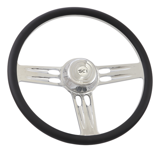 Triple Threat - 18" Half Wrap Billet Chrome Aluminum 3-Spoke w/18" Black Leather Rim, Chrome Bezel, Chrome Horn Button - SCI Logo