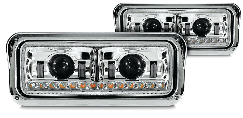 UNIVERSAL LED HEADLIGHT ASSEMBLY W/ HALO & SEQUENTAIL TURN SIGNAL CHROME (DRIVER)