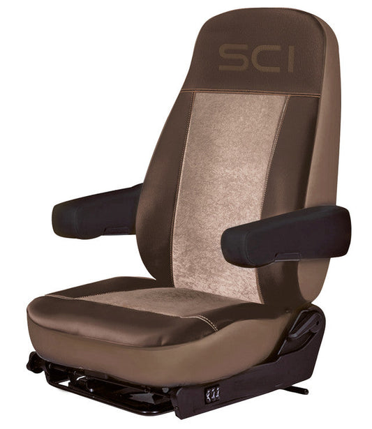 Universal Seat Cover - Brown/Tan - 2 pcs, Black Synthetic Leather Sides, Black Microfiber Center, Tan Trim