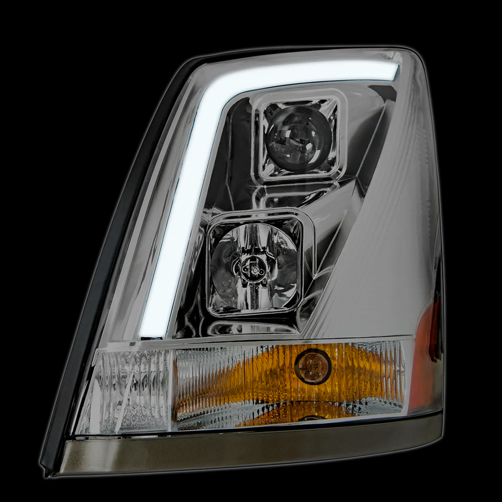 Volvo VN/VNL Chrome Projector Headlight W/White High Power LED Poisition/Daytime Running Light - Driver