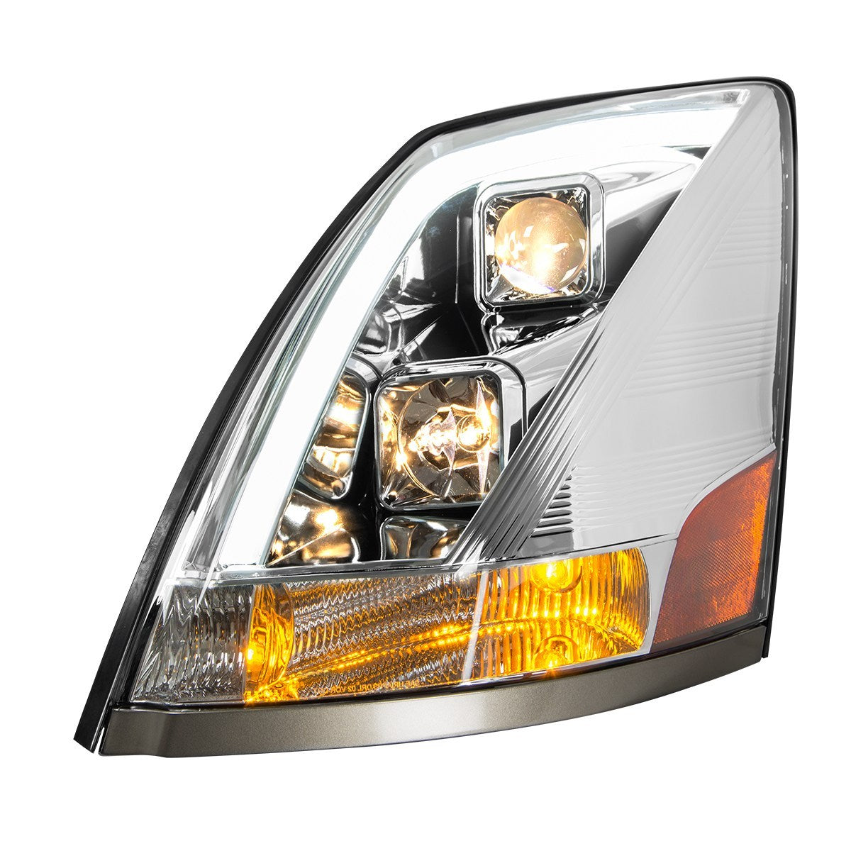 Volvo VN/VNL Chrome Projector Headlight W/White High Power LED Poisition/Daytime Running Light - Driver