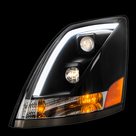 Volvo VN/VNL Matte Black Projector Headlight W/White High Power LED Position/Daytime Running Light  Driver