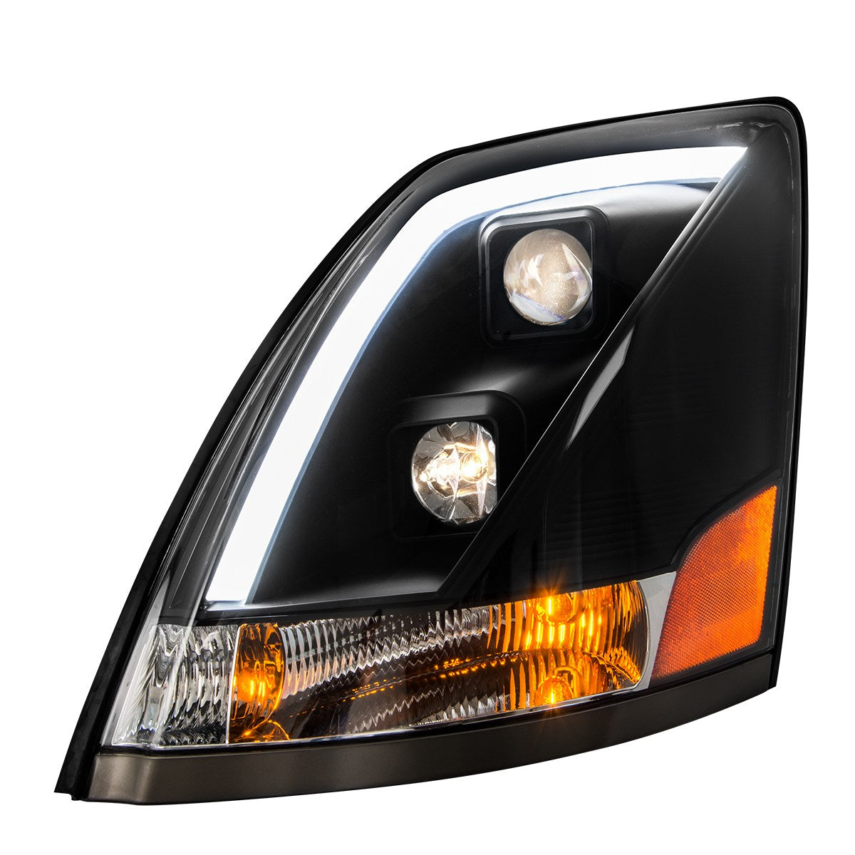 Volvo VN/VNL Matte Black Projector Headlight W/White High Power LED Position/Daytime Running Light  Driver