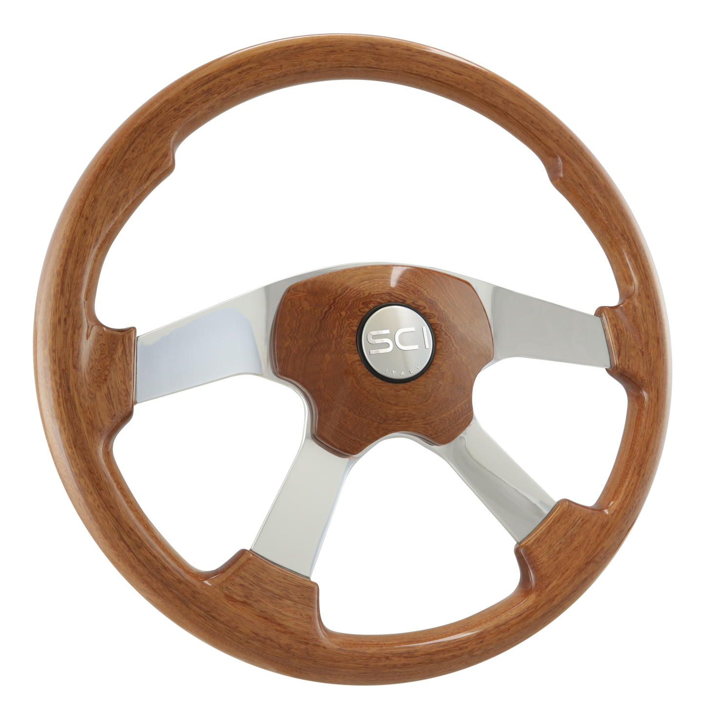 Wildwood Light Mahogany - 18" Stained Wood Rim, Pol. Alum. 4-Spoke, Elegant 4 Light Mahogany Stained Wood Pad, SCI HB - Silver