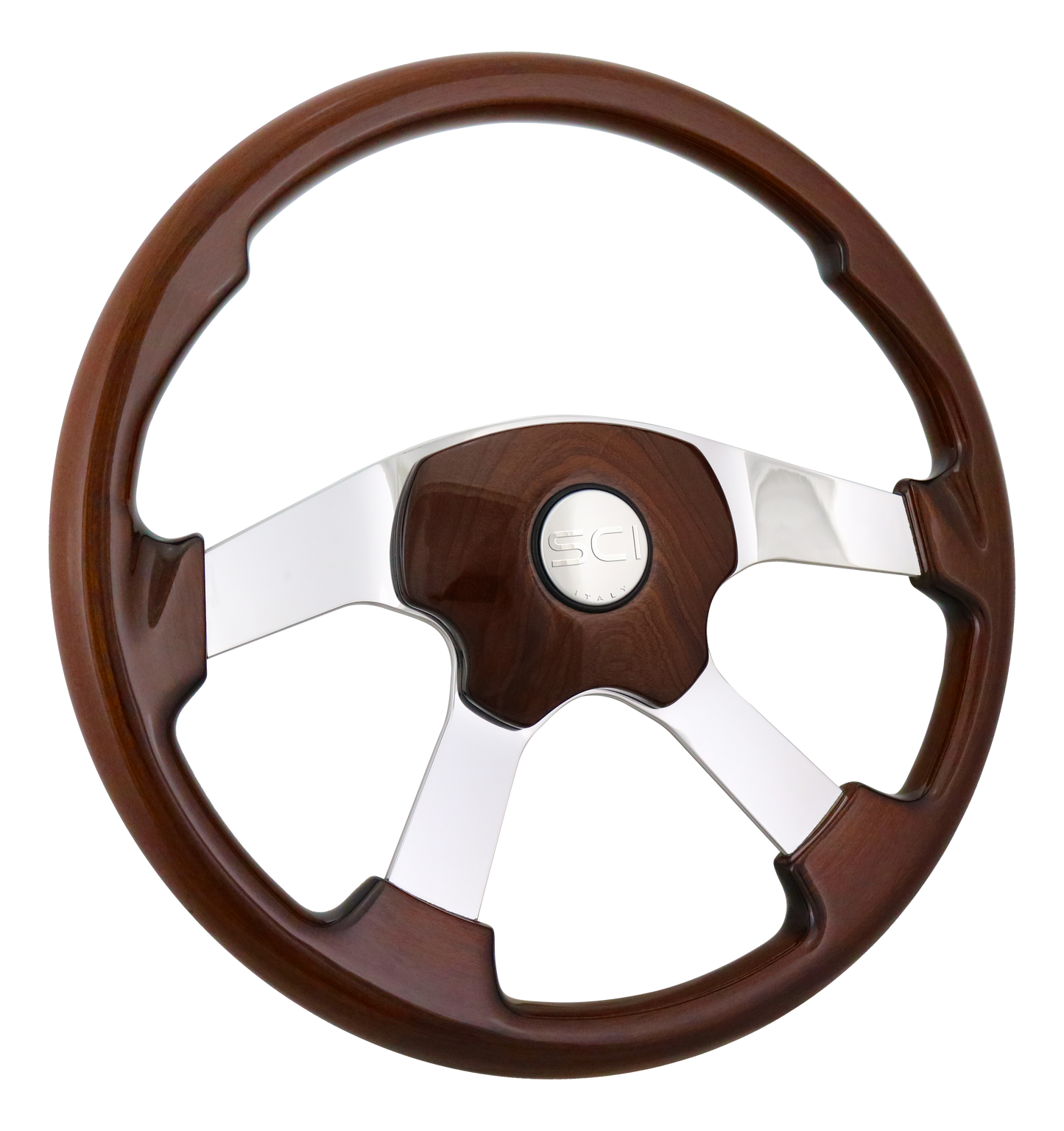 Wildwood Mahogany - 18" Stained Wood Rim, Pol. Aluminum 4-Spoke, Elegant 4 Mahogany Stained Wood Pad, SCI HB - Silver