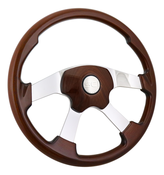 Wildwood Mahogany - 18" Stained Wood Rim, Pol. Aluminum 4-Spoke, Elegant 4 Mahogany Stained Wood Pad, SCI HB - Silver